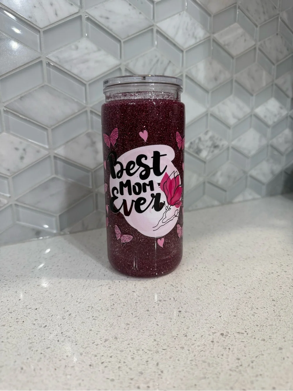 Best Mom Ever Pink Glitter Tumbler - Blank Brand